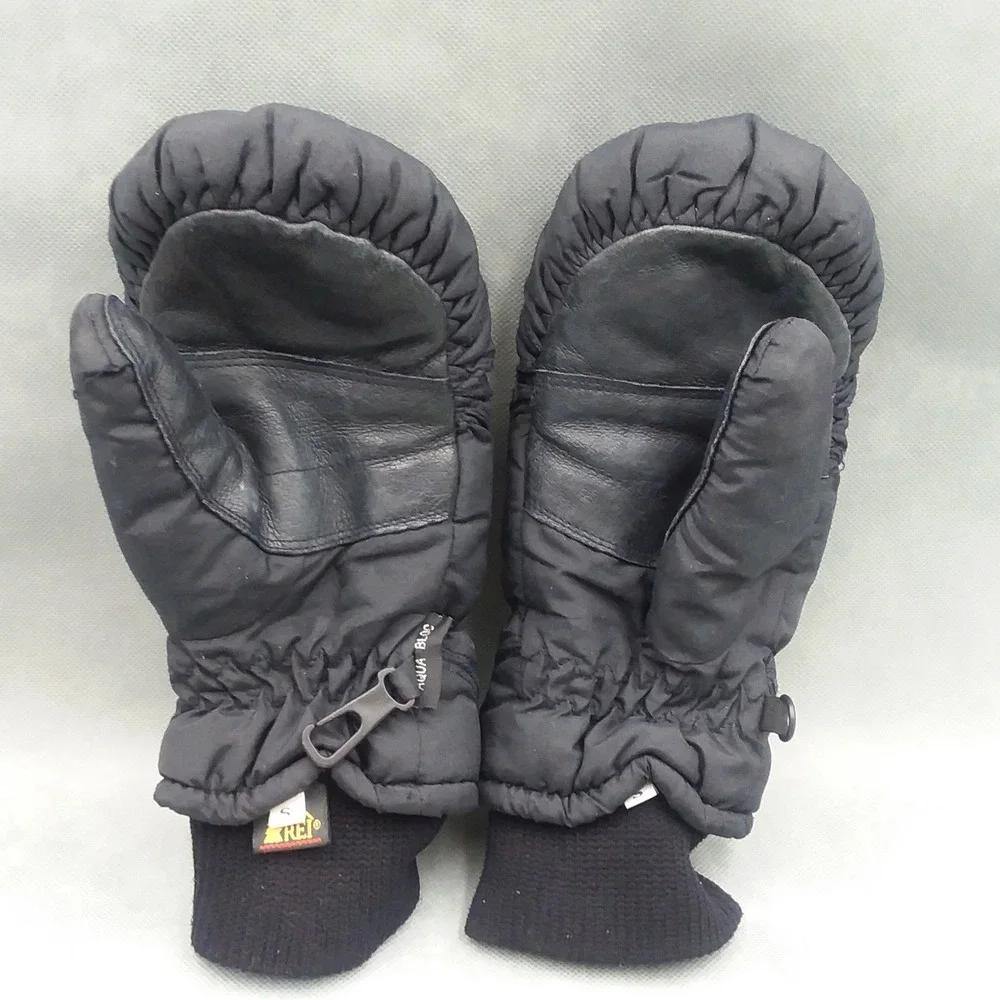 REI Puffer Mittens Leather Palm Aqua Bloc Thinsulate Black Size S‎